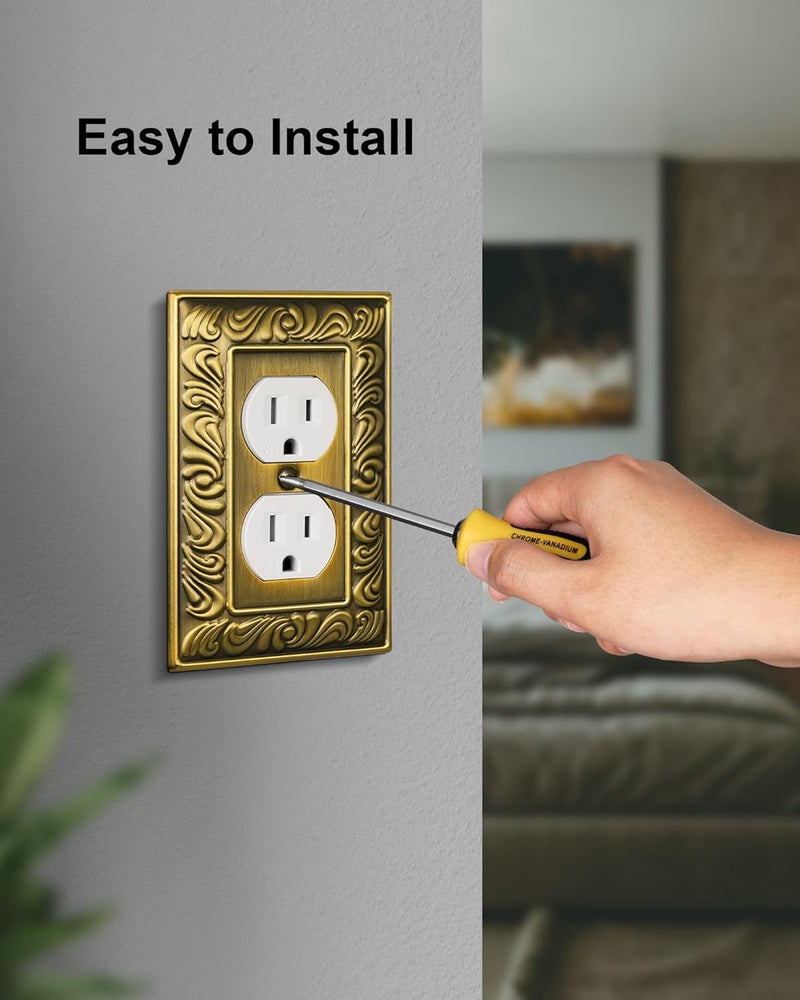 treewell 4-Pack Duplex Outlet Cover Plate, Paisley Pattern Antique Brass Metal Wall Plates for Electrical Outlets, 1 Gang Receptacle Cover, Decorative Switch Plates and Outlet Covers - Image 5
